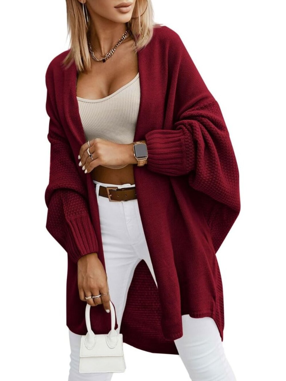 Women Wine Red Batwing Sleeve Soft Comfy Dressy Casual Long Open Front Clothes